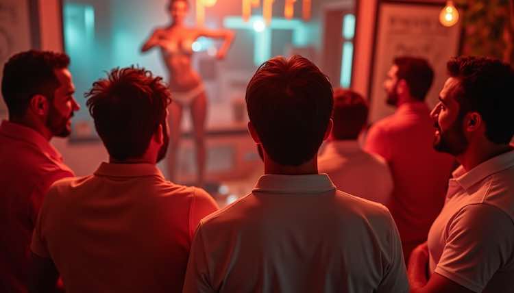 A group of happy guys celebrating a bachelor party with a female stripper